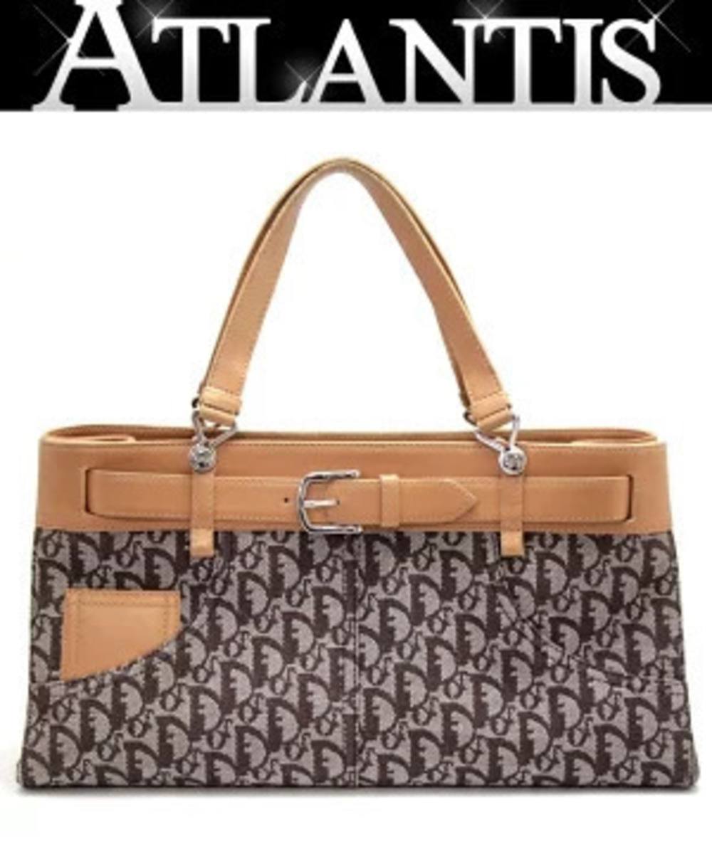 Christian Dior Trotter Denim Handbag Jacquard Brown x Beige Cream